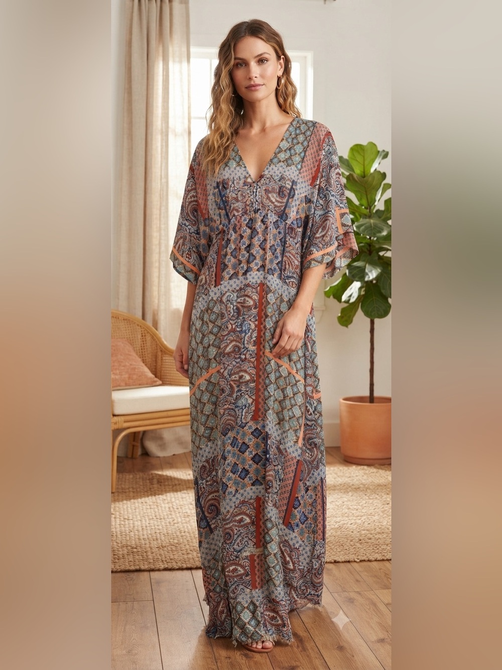 entro Multicolor Paisley Patchwork Maxi Dress in Rust & Blue
